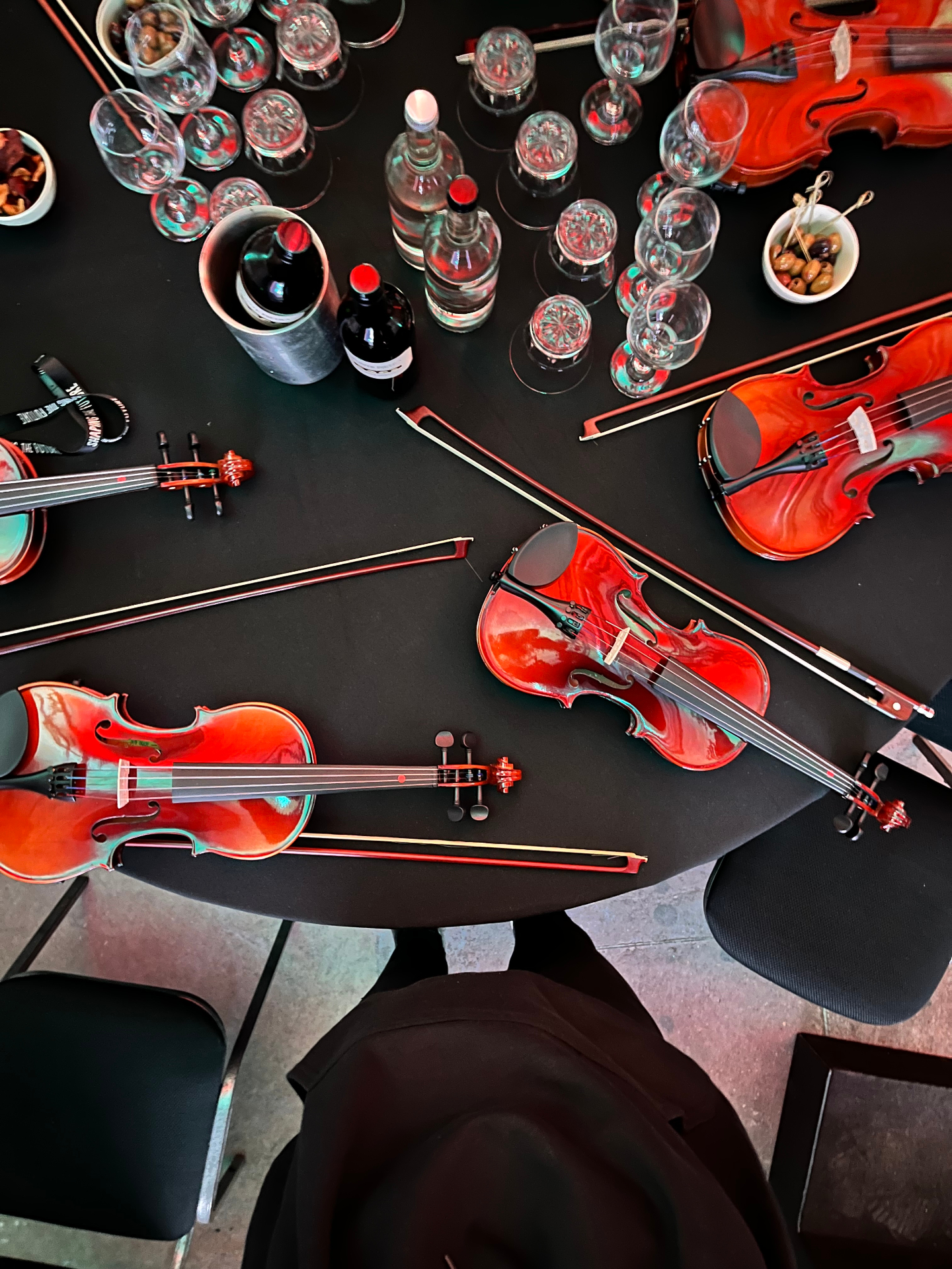 Violins prepared for a string performance
