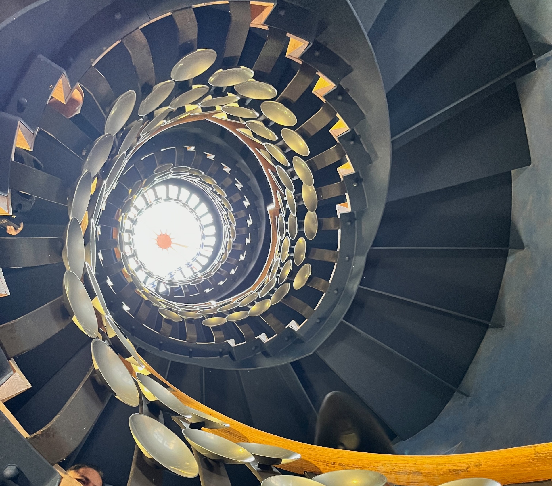 Ornate spiral staircase viewed from below with decorative skylight